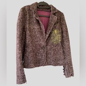 Merino Wool Violet Silk Lined Copper Embellished Peplum Blazer with Crest Small